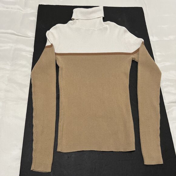 Vintage GAP Turtleneck Sweater Striped Stretch Y2K Pullover Ribbed Brown Women S - Picture 1 of 7